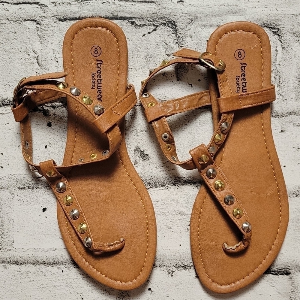 Studded T Strap Sandals Tan Boho Ankle Strap Flat Sandals Size 8